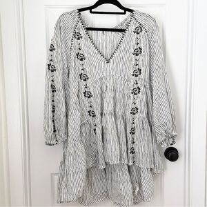 Women Free People Another Special Day Tunic Embroidered Stripe Black White Large